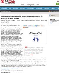 Trinchero Family Estates Announces the Launch of Ménage: PRWeb